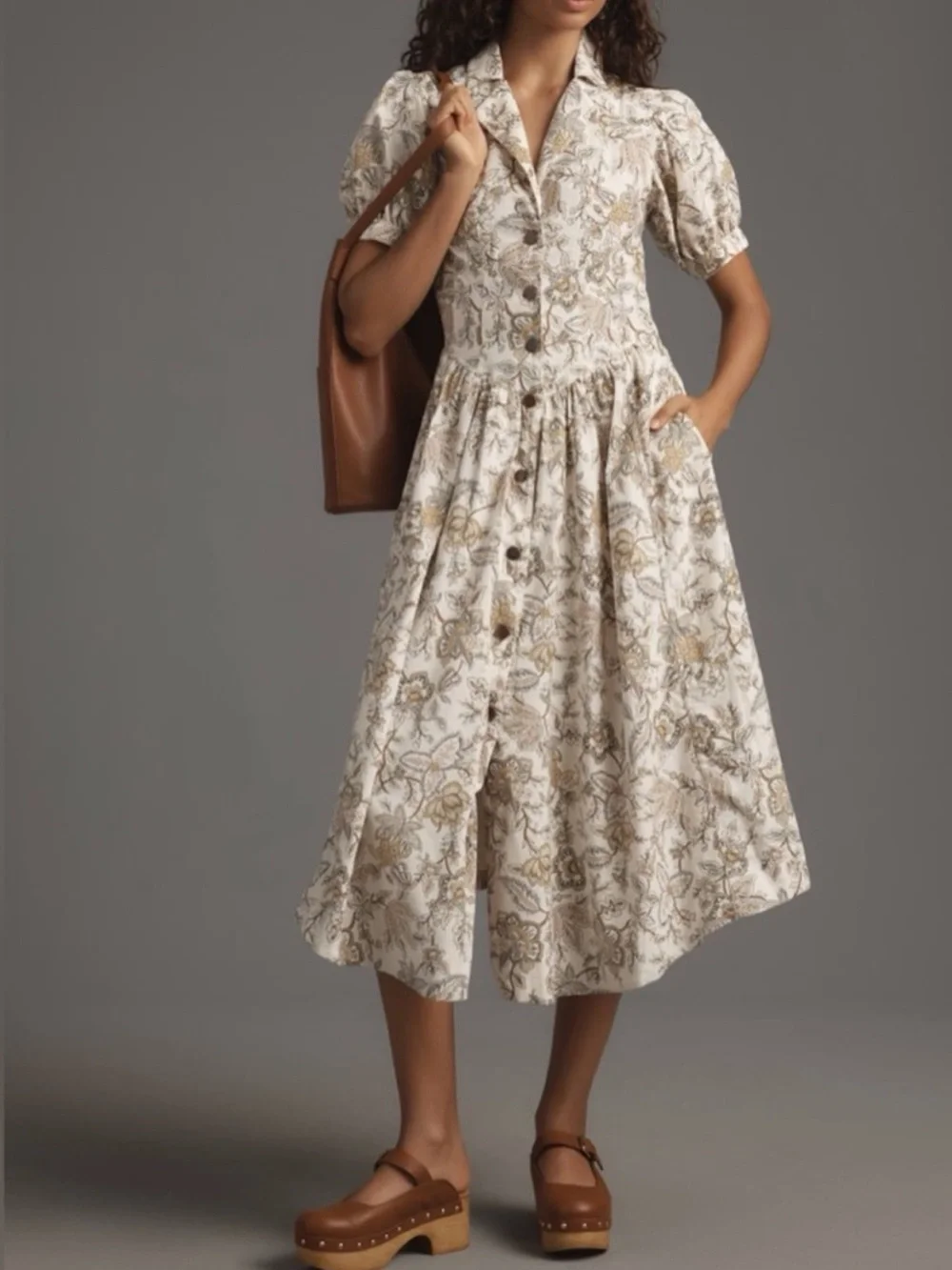 Floral Button-Front Midi Dress in Cream and Brown - Picture 14 of 14
